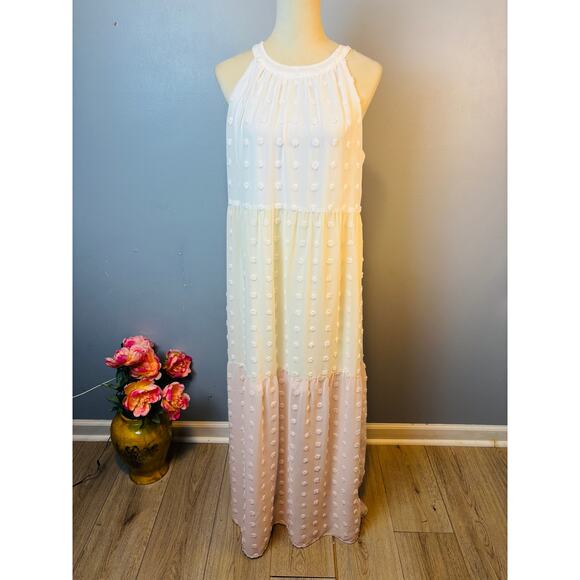 Andree By Unit Swiss Dot Pastel Colorblock Maxi Dress Halter Ethereal Large - Picture 1 of 9